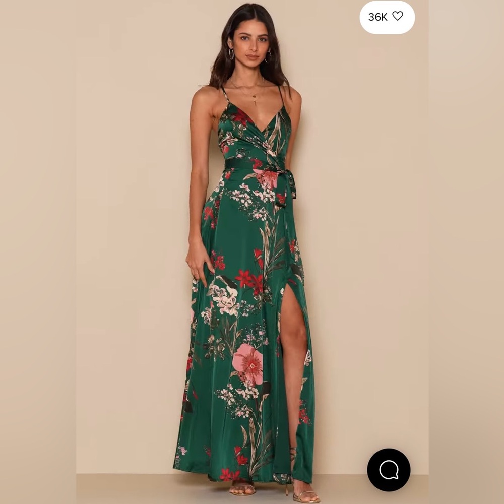 Lulus Green Floral Maxi Dress with Tie Waist